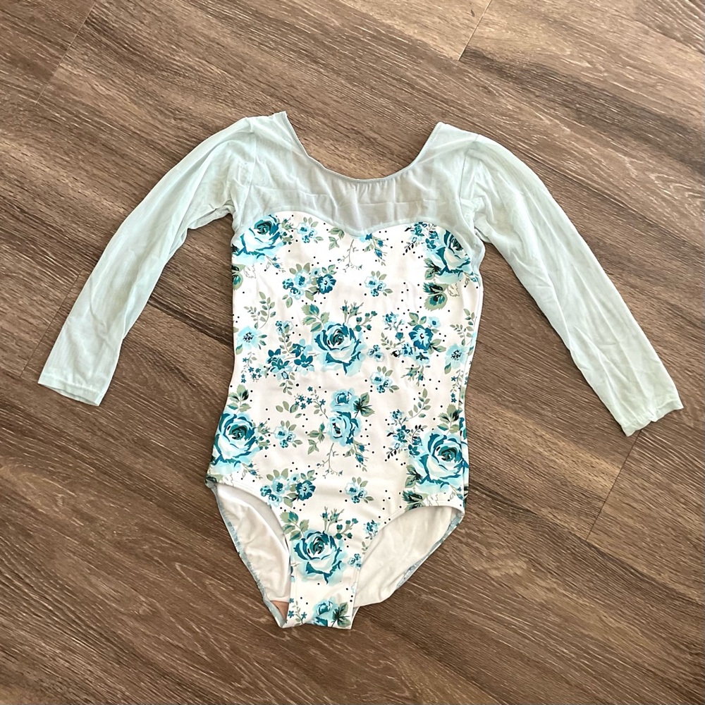 Eleve Dancewear White and Blue Floral Long-Sleeve Leotard